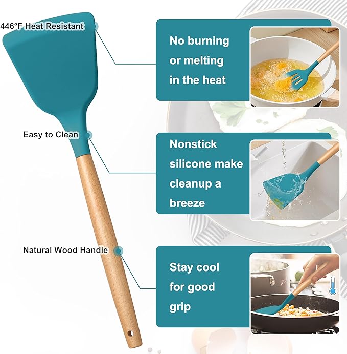 E-far Blue Silicone Cooking Utensils Set, 10-Piece Kitchen Utensils Set with Wooden Handle for Nonstick Cookware, Heat Resistant Kitchen Nonstick Tools Spatula Whisk Tongs Ladle, Non-toxic & Healthy - Image 3