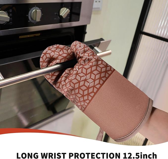 Oven Mitts And Pot Holders Set 6Pcs,Kitchen Oven Glove,High Heat Resistant 500°F Large Size Oven Mits And Potholders With Soft Cotton Lining And Non-Slip Silicone Surface For Cooking (Brown) - Image 4