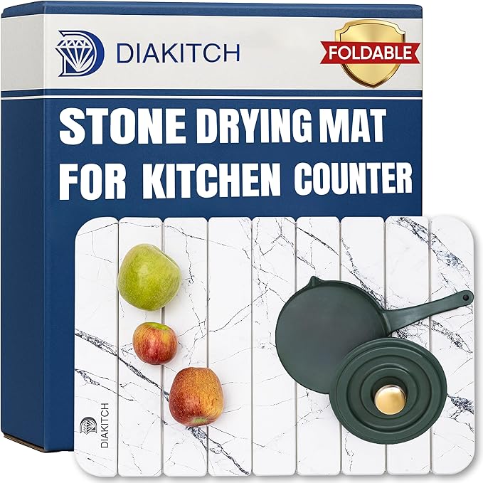 Stone Drying Mat for Kitchen Counter – Super Absorbent Stone Dish Drying Mat, Foldable & Quick Dry, Diatomaceous Earth Mat for Dish & Bottle, Ideal for Kitchen - 23.6" x 15.4", White by DIAKITCH