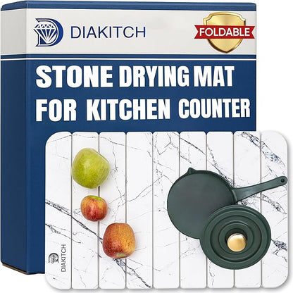 Stone Drying Mat for Kitchen Counter – Super Absorbent Stone Dish Drying Mat, Foldable & Quick Dry, Diatomaceous Earth Mat for Dish & Bottle, Ideal for Kitchen - 23.6" x 15.4", White by DIAKITCH