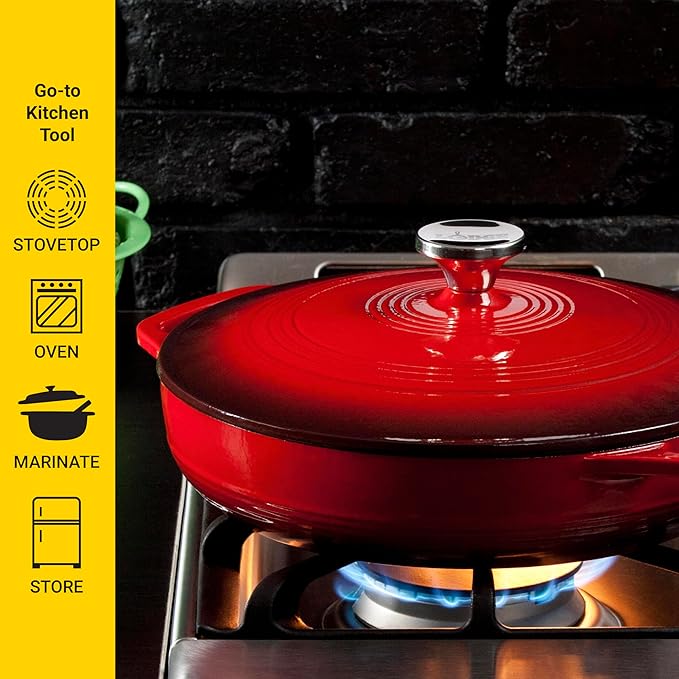 Lodge Essential Enamel Braiser - Refrigerator- & Oven-Safe up to 500° F - Heat-Retaining, Induction-Safe & PFAS-Free Enamel Cookware - 3.5 Quart, Island Spice Red - Image 3