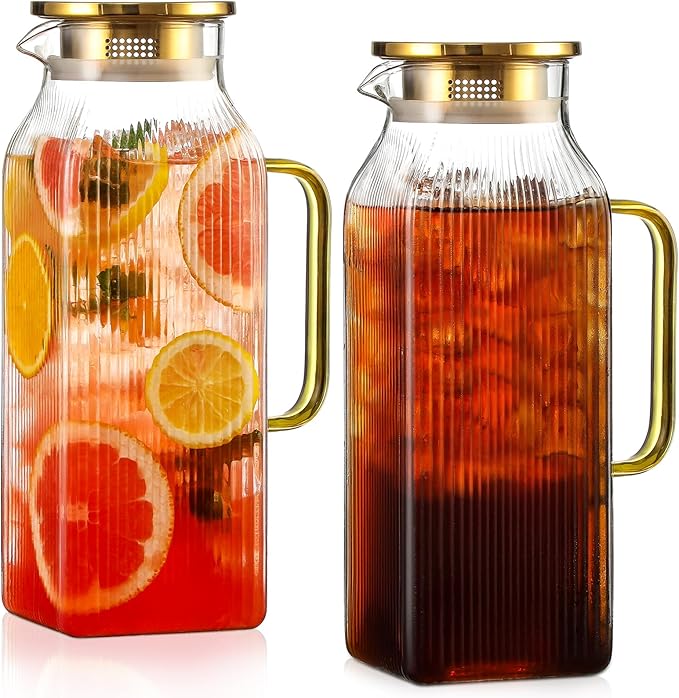 2 Pack 2 Liter/68 oz Square Glass Pitcher with Lid, Classic Stripes Water Pitchers with Handle for Fridge, Large Jug for Iced Tea, Coffee, Borosilicate Glass Carafe for Hot/Cold Brew Drink, Gold by Unknown
