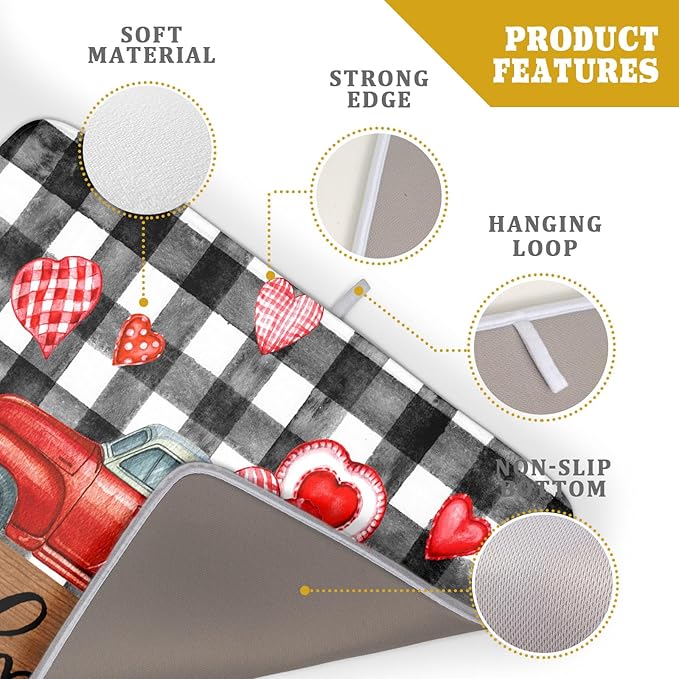 Valentine's Day Red Heart Truck Dish Drying Mat for Kitchen Counter,Black White Buffalo Plaid Love Drying Mat 18 x 24 Inch with Absorbent Reversible Microfiber Dish Drying Pad for Coffee Bar - Image 4