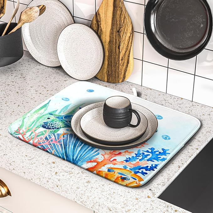 Giwawa Sea Turtle Dish Drying Mat 16x18in Watercolor Blue Tortoise Dish Drainer Mats Nautical Ocean Coral Seashell Seaweed Microfiber Dish Drying Pad for Kitchen Countertop Small Decor