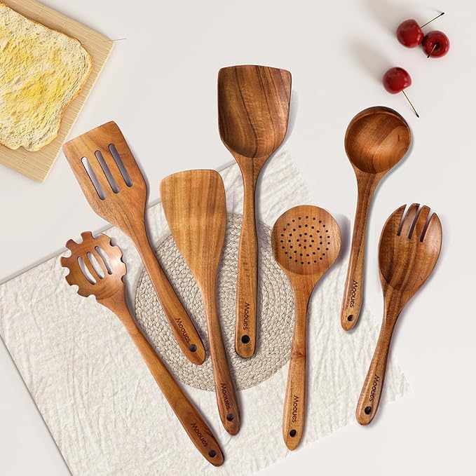 Mooues Wooden Spoons for Cooking, Wooden Utensils for Cooking Natural Teak Wooden Kitchen Utensils Set Comfort Grip (7 PCS SET) - Image 7