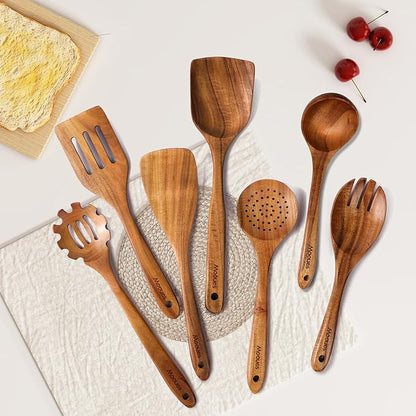 Mooues Wooden Spoons for Cooking, Wooden Utensils for Cooking Natural Teak Wooden Kitchen Utensils Set Comfort Grip (7 PCS SET) - Image 7