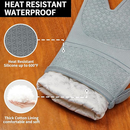 Hovico Silicone Oven Mitts, Heat Resistant 500F Kitchen Mitts 2PCS, 11.6" BPA-Free Soft Baking Gloves, Non-Slip Grip Oven Gloves with Soft Cotton Lining for Kitchen Cooking Baking BBQ - Gray - Image 3