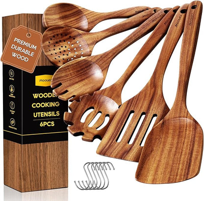 Wooden Spoons for Cooking, 6PCS Teak Wood Cookware Utensil Set with Hooks - Smooth Finish, Non-Stick, Comfortable Grip, Heat Resistant Kitchen Utensils by Mooues