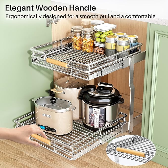 Pull out Cabinet Organizer, 2 Tiers 17"W X 21"D, Heavy Duty Smooth Sliding Under Cabinet Shelves for Pots and Pans, Full-Extension Roll out Drawers, Slide out Organization for Home Kitchen Pantry - Image 9
