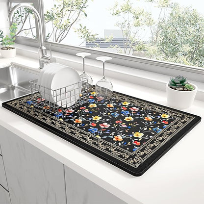Rnivvi Dish Drying Mat for Kitchen Counter, 12 x 19" Cute Flower Theme Super Absorbent Draining Pad, Non-Slip Heat Resistant Coffee Bar Mat for Coffee Machine Station Accessories, Retro Dish Rack Pad by Rnivvi
