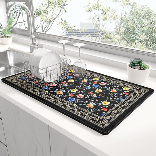 Rnivvi Dish Drying Mat for Kitchen Counter, 12 x 19" Cute Flower Theme Super Absorbent Draining Pad, Non-Slip Heat Resistant Coffee Bar Mat for Coffee Machine Station Accessories, Retro Dish Rack Pad by Rnivvi