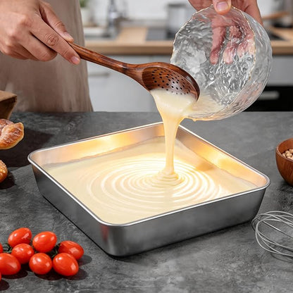 LIANYU 9 x 9 Inch Square Baking Pan, 2 Pack Stainless Steel Square Cake Pan Set with Lid, Metal Bakeware for Bread Lasagna Brownie, Dishwasher Safe & Easy Cleaning (2 Pans + 2 Lids)