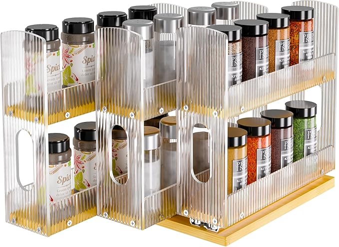 NiHome Bamboo Pull-Out Spice Rack Organizer for Cabinet, 3-Drawer Vertical Slide Out Seasoning Rack Storage Shelf for Kitchen Pantry, Bamboo Frame with Wave-Pattern Acrylic Divider (8.5” Wide, 2-Tier) - Image 8