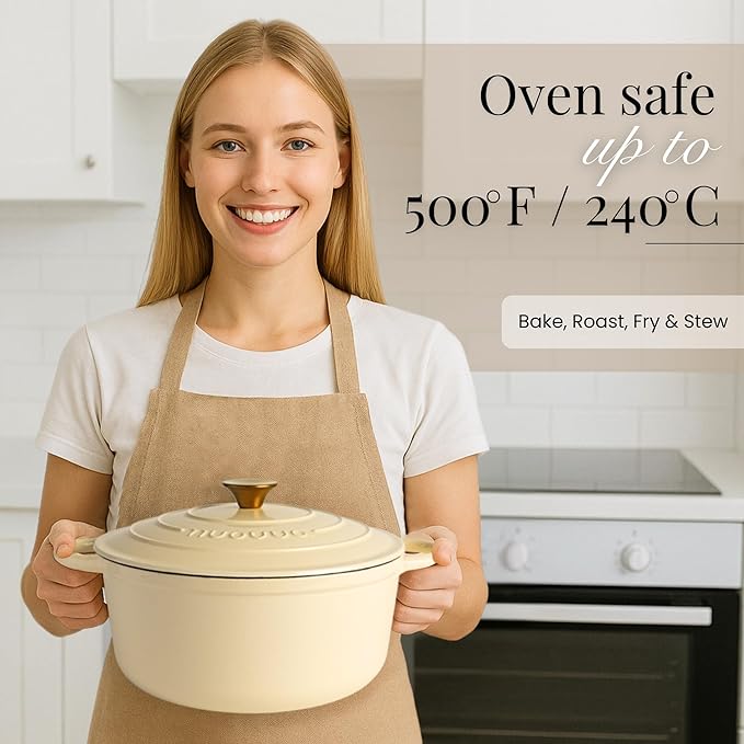 Cast Iron Pot with Lid – Non-Stick Ovenproof Enamelled Casserole Pot, Oven Safe up to 500° F – Sturdy Dutch Oven Cookware – Cream, 5-Quart, 24cm – by Nuovva - Image 5