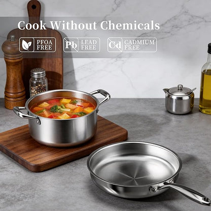 Stainless Steel Cookware Set - VONIKI Tri-ply Stainless Pots And Pans Set with Steamer Basket, Non Toxic Induction Cookware, Kitchen Cookware Sets PFOA & PTFE Free, Dishwasher and Oven Safe - Image 3