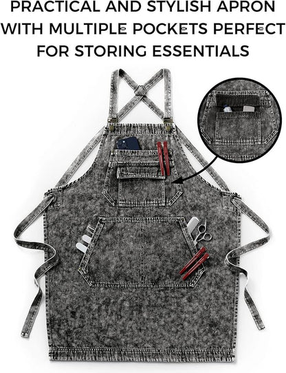 Denim Apron with Pockets for Hair Stylist Gardening Craftsmen Barista Women Hairdresser Jean Work Apron Cross Straps