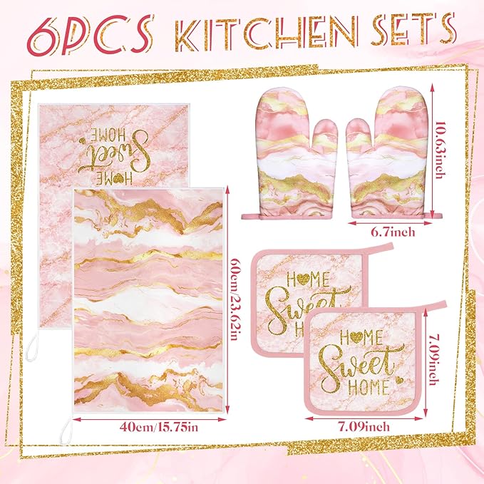 Bencailor Light Pink 6 Pcs Marble Kitchen Decor Gold Pot Holders Oven Mitts 2 Dish Towels 2 Farmhouse Cooking Mittens Oven Glove and Potholder for Baking Cooking Grilling Supply Accessories