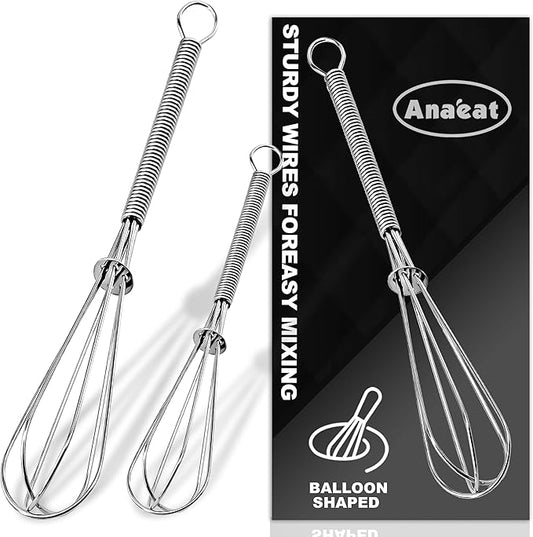Anaeat Small Wire Whisk Set of 2, Portable Stainless Steel Kitchen Tiny Whisk & Egg Beater with Thick Wire - Sturdy Mini Mixing Balloon for Cooking, Blending, Whiping, Beating and Stirring (6" + 8") by Anaeat