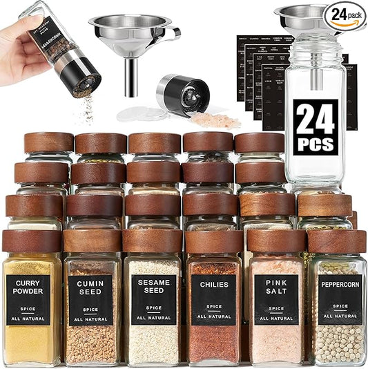 Yangbaga 24Pcs Glass Spice Jars with Labels-4OZ Wood Lid Square Spice Containers with Pepper Grinder Lids &Funnel,Seasoning Jars for Rack Cabinet Drawer by Hanber