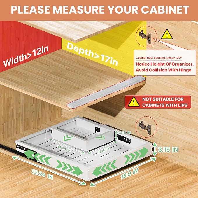 2 Pack Pull out Cabinet Organizer, Width (12"-19") Depth (17"-23"), with 3 Rails Adjustable Slide, Expandable Pullout Drawers for Cabinets, No Drill Adhesive Kitchen Drawers for Pantry Shelves - Image 2