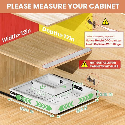 1 Pack Pull out Cabinet Organizer, Width (12"-19") Depth (17"-23"), with 3 Rails Adjustable Slide, Expandable Pullout Drawers for Cabinets, No Drill Adhesive Kitchen Drawers for Pantry Shelves - Image 2