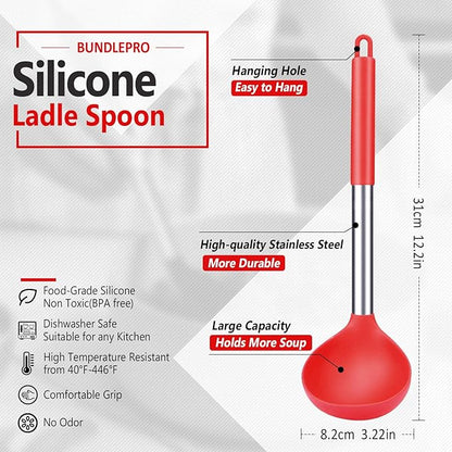 Pack of 2 Ladle Spoon,Silicone Large Spoon for Soup,Non Stick Kitchen Utensils with High Heat Resistant,BPA Free Perfect Kitchen Tools for Cooking, Stirring,Serving Soups (BLACK-RED) - Image 2