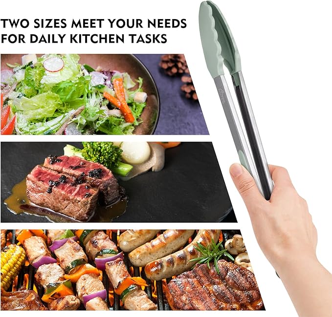 Hotec Premium Stainless Steel Locking Kitchen Tongs with Silicon Tips, Set of 2-9" and 12" Light Green - Image 5
