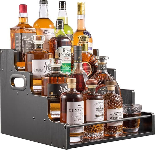 YQBRAO 4-Tier Liquor Bottle Display Shelf, Coffee Syrup Rack Organizer, Water Bottle Organizer, Mini Bar Cabinet, Rustic Bar Shelves for Liquor Whiskey, Spirits（Black）