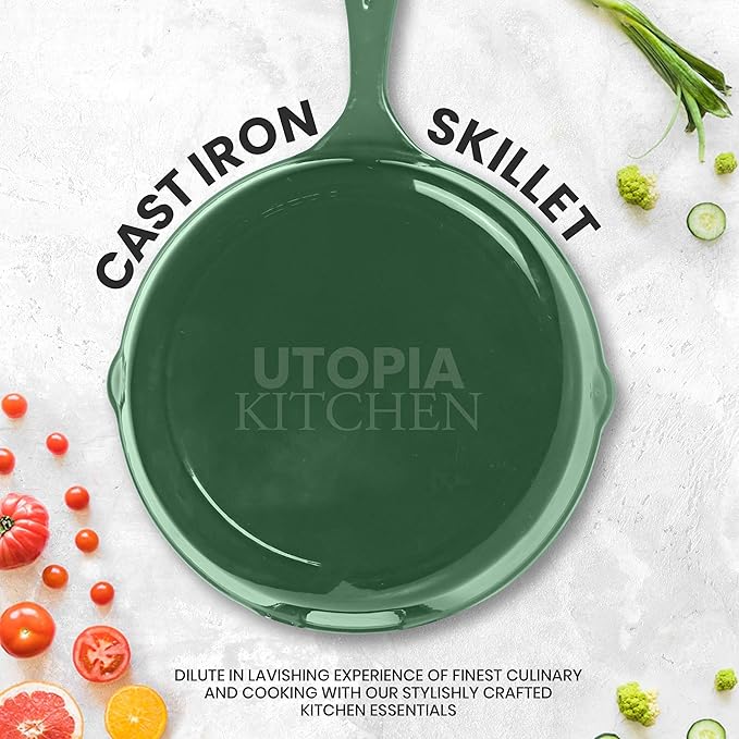 Utopia Kitchen Cast iron Skillets 3 Piece Set, Chefs Pan, Pre Seasoned Cast iron Skillets, 6, 8 & 10 Inches, Easy Use in the Oven, Stove, Grill, or Campfire, Green - Image 3