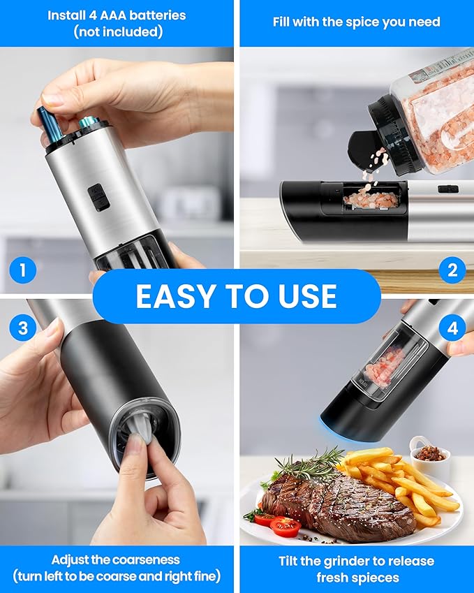Gravity Electric Pepper and Salt Grinder Set of 2 Pack, One Hand Automatic Shakers Mill, Adjustable Coarseness, Battery Powered with LED Light, Brushed Stainless Steel Perfect for Kitchen - Image 7