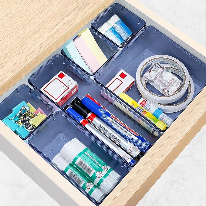 StorMiracle 13 PCS Drawer Organizer Set, 5 Varied Size Bathroom and kitchen Drawer cabinet organizer Trays, Clear Storage Bins for Makeup, Jewelry, Utensils and Gadgets, Dark Blue - Image 6