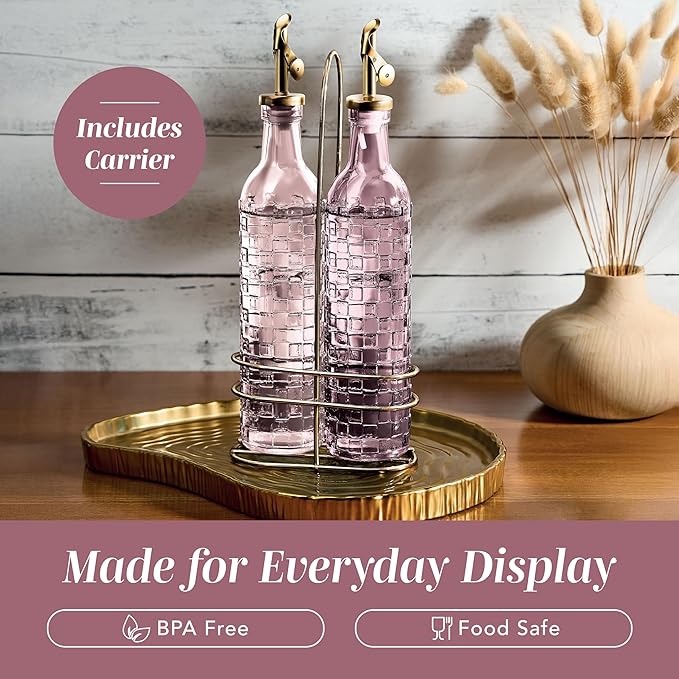 COOK WITH COLOR Glass Olive Oil Bottle Dispenser - 2 Pack- 17oz Oil and Vinegar Cruet - Olive Oil Carafe Decanter for Kitchen, Checkered, Pink - Image 6