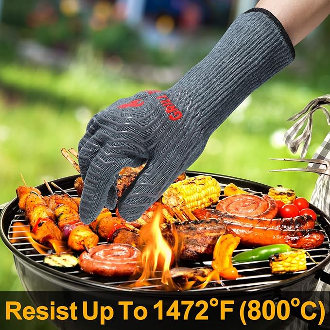 QUWIN BBQ Gloves, Oven Gloves 1472℉ Extreme Heat Resistant, Grilling Gloves Silicone Non-Slip Oven Mitts, Kitchen Gloves for BBQ, Grilling, Cooking, Baking-1 Pair… (Grey, One Size(Long Cuff)) - Image 2