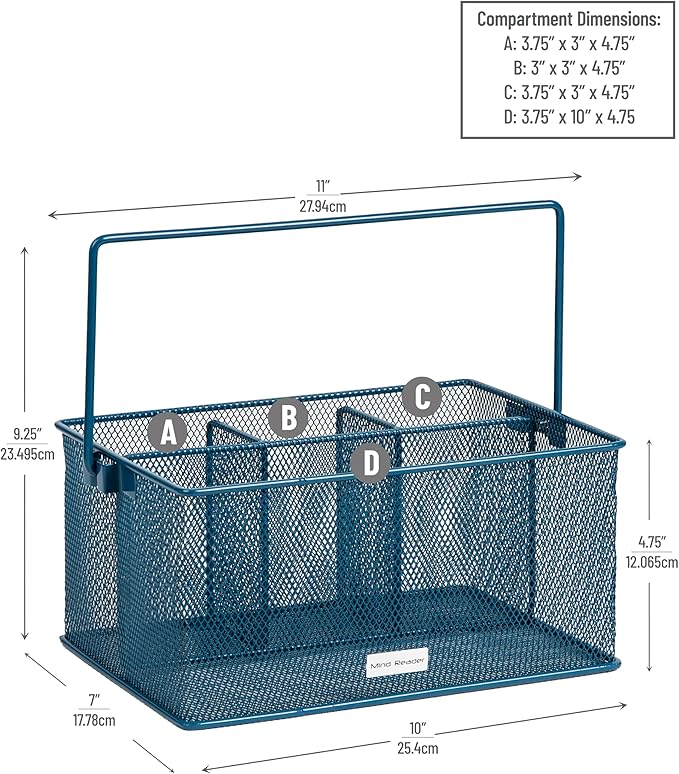 Mind Reader Multi-purpose Storage Caddy with Handle, Desktop Organizer, Cutlery Holder, 4 Compartments, Metal Mesh, Turquoise - Image 3