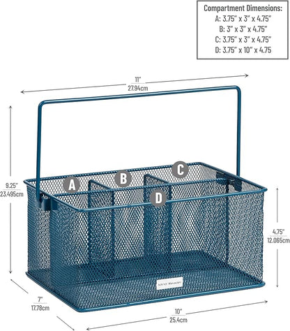 Mind Reader Multi-purpose Storage Caddy with Handle, Desktop Organizer, Cutlery Holder, 4 Compartments, Metal Mesh, Turquoise - Image 3