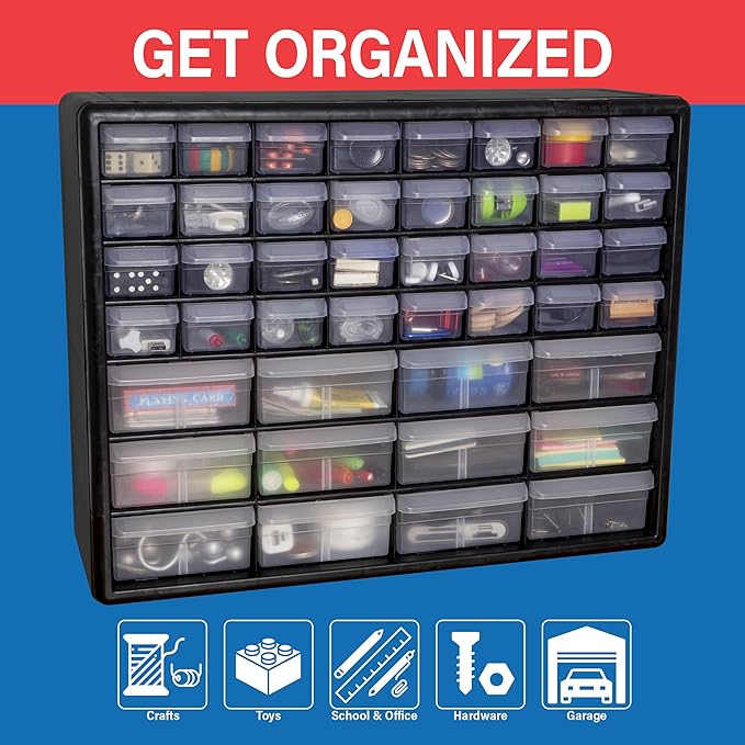 Akro-Mils 44-Drawer Plastic Drawer Storage Cabinet for Garage Organization, Bead Organizer, Building Bricks Storage, Teacher Toolbox, Makeup Organizer, 20" W x 6" D x 16" H, 10144 Black - Image 4