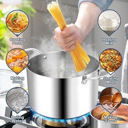 TeamFar 3.5 Quart Stock Pot, Tri-Ply Stainless Steel Pasta Cooking Pot with Lid, Tempered Glass Lid & Double Side Riveted Handles, Non-Toxic & Healthy, Heavy Duty & Dishwasher Safe