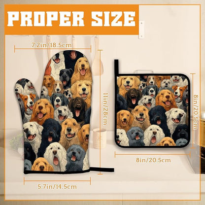 Funny Cute Dog Oven Mitts and Pot Holders Set,Kitchen Decor Heat Resistant Non Slip Hot Pads and Oven Mitt for Chef Cooking Baking BBQ Mom Girl Gifts(4 Piece Set)