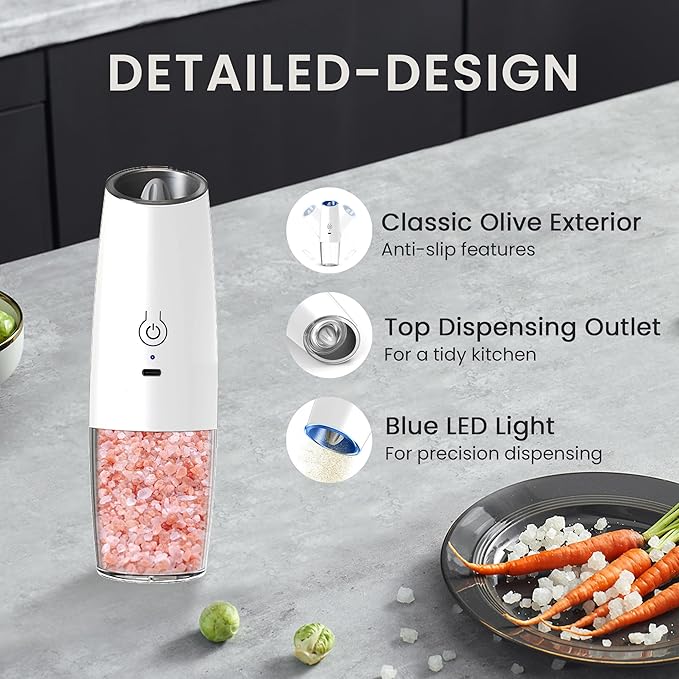 Rechargeable Salt And Pepper Grinder Set with LED Light, Automatic Electric Gravity Salt And Pepper Shakers Set, No Battery Needed, Adjustable Roughness, 2 Pack (White) - Image 5