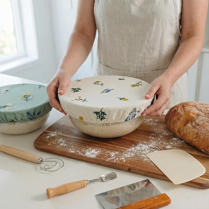 Reusable Bowl Covers (Set of 4) - Breathable Cotton Linen Sourdough Accessories - Elastic Durable Fabric Food Lids for Proofing Baskets & Bread Baking Supplies (Natural Beige) - Image 6