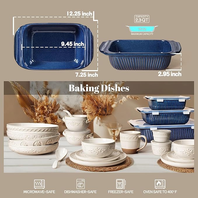 Artena Baking Dish 2.3 Quarts, Casserole Dishes For Oven, Baking Pan With Handles, Lasagna Pan Deep, Large Casserole Dish, Rectangular Ceramic Bakeware, Blue (Only Baking Dish) - Image 2