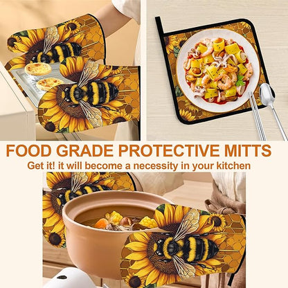 Sunflower Bee Oven Mitts and Heat Resistant Pads - Heat Resistant Gloves Potholder Set of 4 for Cooking, BBQ, Gifts for Women
