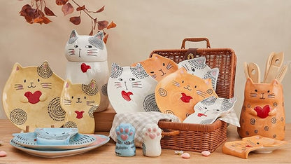 Bico Cartoon Cat Handpainted Stoneware Orange 7.8 inch Utensil Holder, Dishwasher Safe