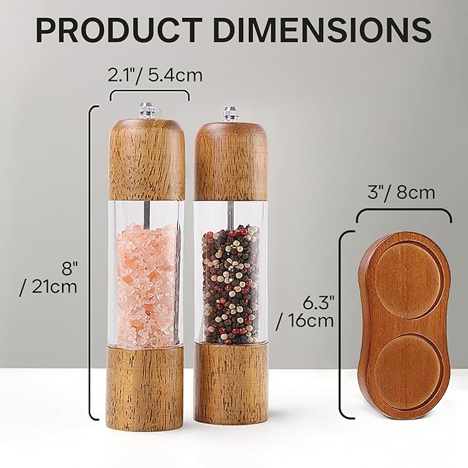 Wooden Salt and Pepper Grinder Set, Premium Oak Wood Salt Grinders Shakers, Pepper Mill with Acrylic Clear Window, Adjustable Ceramic Grinder (8″ - 2 Packs with Tray)