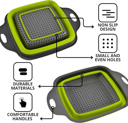 Square Collapsible Colander with Handles – Green Square Silicone Kitchen Strainers with Plastic Handles Foldable Kitchen Strainer Perfect for Draining Pasta Vegetable and Fruit Green