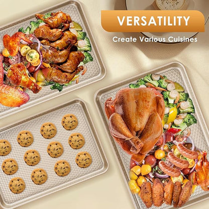 Baking Sheet Pan Set of 3, Nonstick Carbon Steel Cookie Sheets with Texture, Commercial Half/Quarter/Jelly Roll Pans Replacement Toaster Oven Tray, Heavy Duty & Easy Clean, Champagne Gold - Image 4
