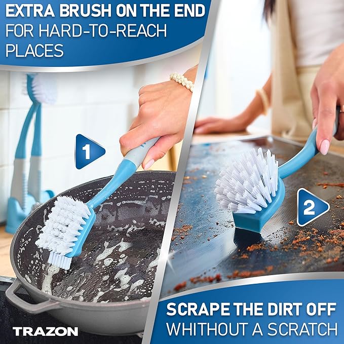 Dish Brush Set of 5 with Convenient Holder, Bottle Water Brush, Dish Scrub Brush, Scrubber Brush and Straw Brush - Kitchen Scrub Brushes Non Slip Long Handle for Sink Dishes Cup Pot - Image 3