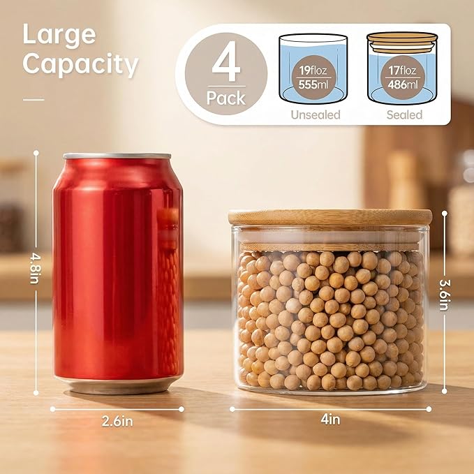HomArtist 17oz - 4 Pack Glass Jars with Bamboo Lids, Glass Food Storage Containers with Airtight Lids, Air Tight Pantry Storage Containers for Coffee, Sugar, Spice, Meal Prep Jars for Salad & Fruit - Image 3