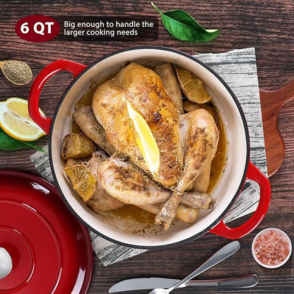 E-far Enameled Cast Iron Dutch Oven with Lid, 6 Quart Round Dutch Oven Pot Nonstick Cookware for Braising, Stews, Roasting, Bread Baking, Cooking, Heavy Duty, Induction & Oven Safe - Red