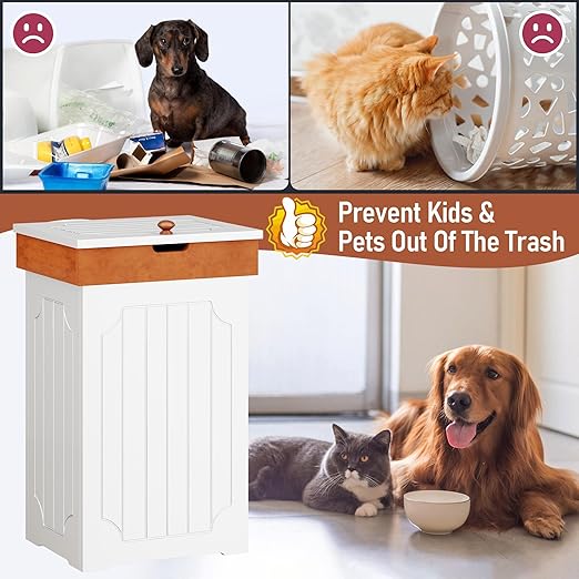 Function Home Trash Can Cabinet, 13 Gallon Kitchen Garbage Can, Wood Recycling Trash Bin, Freestanding Dog Proof Trash Can, Farmhouse Trash Cabinet with Lid for Home Kitchen Bathroom, White - Image 6